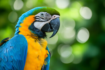 Close-up portrait showcasing the vibrant plumage and captivating gaze of a blue and gold macaw against a softly blurred green background, emphasizing the bird's beauty