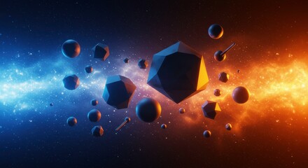 Poster - Cosmic Dance: Floating geometric forms, illuminated by vibrant, contrasting blue and orange energy streams, create a captivating display of abstract artistry.