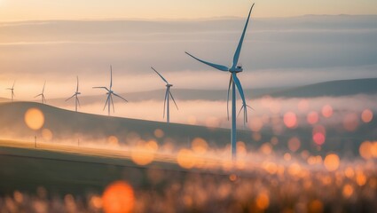Wall Mural - wind turbines stand tall in a serene landscape at sunrise, surrounded by mist and soft light