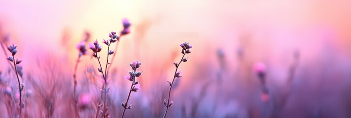 Poster - Soft sunlight bathes a field of purple wildflowers, creating a dreamy and serene landscape during a beautiful sunset, evoking feelings of peace and tranquility