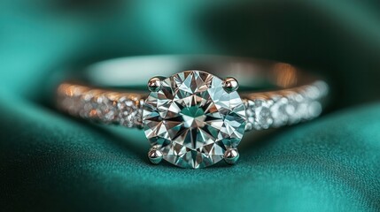 Wall Mural - A close-up of an engagement ring set with glittering diamonds. The green ring rests on a green satin piece.