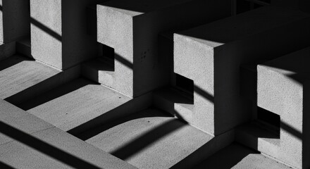 Poster - Geometric Shadows and Forms: Striking monochromatic composition showcasing a play of light and shadow across geometric architectural elements, evoking a sense of minimalism and modern design. 