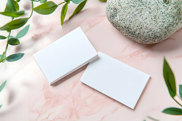Poster - Elegant Business Card Mockup on Marble Surface with Natural Stone and Greenery for Branding and Identity Design Presentations, Minimalist Style