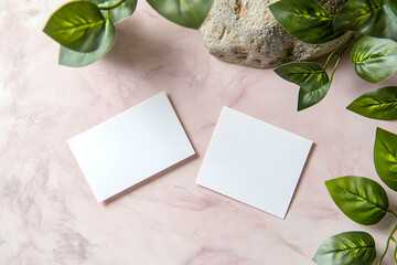Poster - Elegant Business Card Mockup on Pink Marble with Greenery and Stone, Ideal for Branding and Stationery Designs that Convey Natural Beauty and Sophistication