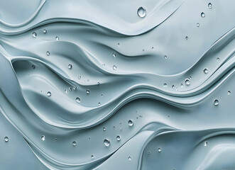 Poster - Elegant fluid art backdrop with glossy wave patterns and scattered water droplets, creating a serene and modern aesthetic design evoking purity and freshness