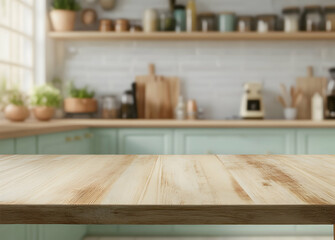 Poster - Elegant kitchen scene featuring a light wooden tabletop in the foreground and blurred background showcasing counter, cabinets and accessories, for product placement