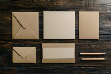 Wall Mural - Elegant Stationery Mockup Featuring Kraft Envelopes and Blank Cards on a Rustic Wooden Surface, Perfect for Showcasing Branding and Design Concepts with Natural Appeal