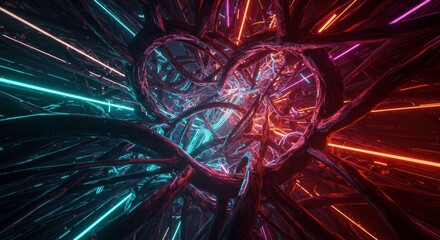 Aufkleber - Neon Heart: A mesmerizing, abstract artwork showcasing a heart shape formed by glowing neon lights and intricate, interwoven lines, creating a captivating visual experience.