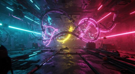 Aufkleber - Neon Infinity Loop: A futuristic and vibrant image of an infinite loop with colorful neon lights in a technological tunnel, symbolizing the endless possibilities of innovation and the digital world.