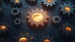© Tyrah - Close-up of metallic gears with glowing centers arranged on a dark surface, symbolizing innovation