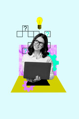Poster - Vertical sketch 3d collage poster of happy businesswoman arrow development progress light bulb idea gears success crossword hold laptop