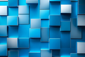 Poster - Mesmerizing Abstract Arrangement, Harmonious Blue and Silver Cubes in a Dynamic Geometric Composition for Modern Design and Technology Concepts