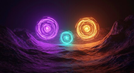Poster - Mystic Spheres: Three orbs of swirling energy, each radiating a unique color, float serenely above a textured, undulating landscape. The vibrant hues and ethereal glow captivate the imagination.