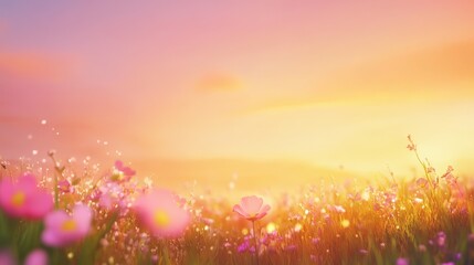 Poster - Soft sunlight bathing a field of pink cosmos flowers, glistening with dew drops, creates a serene and dreamy atmosphere during the enchanting moments of sunset