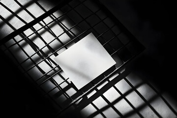 Poster - Monochrome Still Life, Blank White Card on Metal Grid with Contrasting Shadows, Perfect for Mockups and Minimalist Designs, Creating a Simple Yet Striking Visual