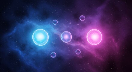 Poster - Cosmic Spheres: Abstract art of celestial orbs floating amidst a nebula, evokes a sense of the unknown and the vastness of space