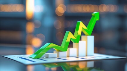 Poster - Growth chart showing upward trend with vivid green arrow and increasing white bars in modern business setting