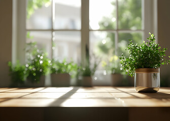 Poster - Sunlit Serenity, A Cozy Indoor Scene with Lush Green Plants, Natural Light Filtering Through Window, Creating a Peaceful and Inviting Atmosphere Inside