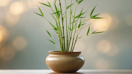 Poster - bamboo plant arrangement in a ceramic pot with a soft blurry background during daylight