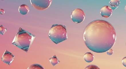 Poster - Floating Geometric Bubbles: A mesmerizing arrangement of shimmering spheres and geometric shapes levitates in a dreamlike space, showcasing fluid reflections and vibrant, shifting colors.