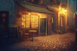 © AI_images - A cozy and nostalgic vintage style illustration of a small European cafÃ© on a cobblestone street, with a chalkboard menu and warm lighting spilling from the windows.
