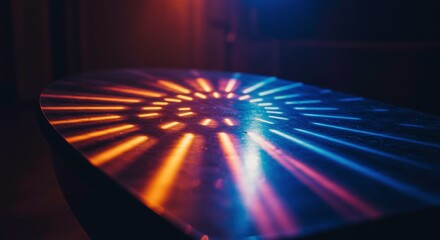 Aufkleber - Vibrant Light Patterns: A table surface comes alive with a kaleidoscope of brilliant colors, as dynamic beams of orange and blue light dance across the surface.