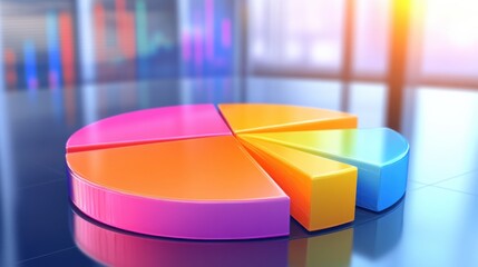 Poster - Colorful pie chart on a reflective surface with a modern office background and soft lighting