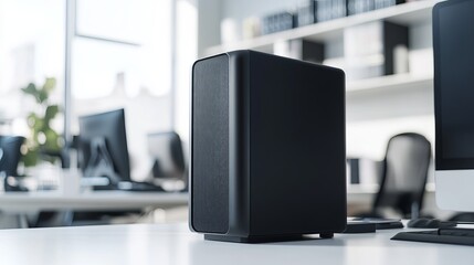 Poster - Modern Black Office Speaker High Quality Audio Device Professional Workspace Elegant Design Premium Sound System Compact Subwoofer Powerful Bass Clear