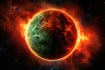 Wall Mural - solar eclipse in outer space with green and red nebula clouds. dramatic cosmic scene with dark plane