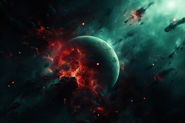Wall Mural - planet in space with red nebula and starships silhouettes on turquoise cosmic background. science fi
