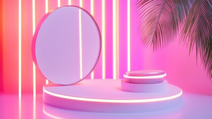 Poster - Modern minimalistic display with circular platforms and vibrant neon lights in a studio setting