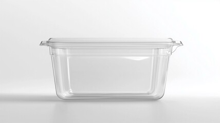 Wall Mural - Ultra-realistic image of a transparent plastic food storage container with a snap-on lid, isolated on a white background
