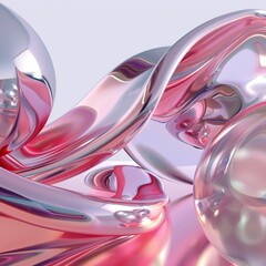 Poster - A vibrant abstract composition with flowing pink and silver shapes.