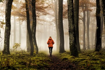 Fototapete - A person in an orange jacket walks along a narrow path in a dense forest filled with tall trees and vibrant autumn foliage, enveloped in morning mist. Generative AI