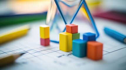 Colorful geometric shapes on a grid paper with pencils and a transparent pyramid in the background