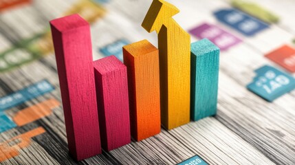Poster - Colorful wooden bar graph representing growth against a blurred financial background