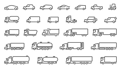 Poster - Car icons collection. Big set outline car icons, different types of transportation. Outline car icons. Types of transport