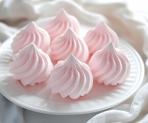 Wall Mural - Delicate pink meringues arranged on a white plate in a serene kitchen setting