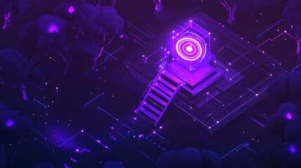 Poster - mystical digital landscape featuring a glowing structure surrounded by trees and circuitry