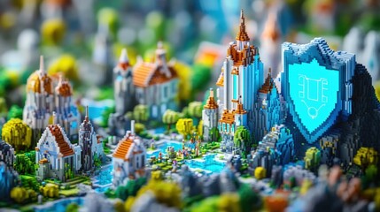 Poster - Vibrant pixel art city thrives under the protection of a large, glowing digital shield, representing robust cybersecurity measures in a playful and engaging visual metaphor