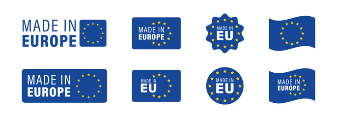 Poster - Made in Europe. EU product. Made in Europe labels. Made in EU tag icons set. Made in Europe vector icons