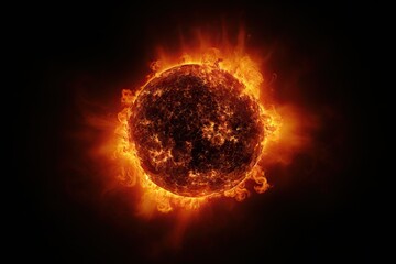 burning sun with solar flares and corona against black space background. star explosion and plasma e