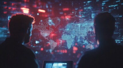 Poster - Two cybersecurity analysts examining global network activity on a digital world map, highlighting data streams and potential threats in a high tech security operations center