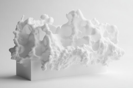 White sculptural foam emerges from rectangular base in minimalist setting
