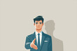 © CRCS - Illustration businessman Offering a Handshake, businessman extending his hand for a handshake. He is dressed in a formal suit with a tie, conveying confidence and professionalism. Vector illustration.