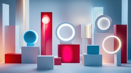 Poster - abstract arrangement of colorful geometric shapes illuminated by soft lighting in a studio setting