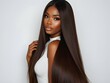 © LilithArt - Stunning black woman with long shiny straight hair, flat ironed, medium brown hair extensions, profile beauty shot