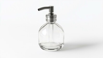 Wall Mural - Ultra-realistic image of a transparent glass vinegar dispenser with a stainless steel spout, isolated on a white background
