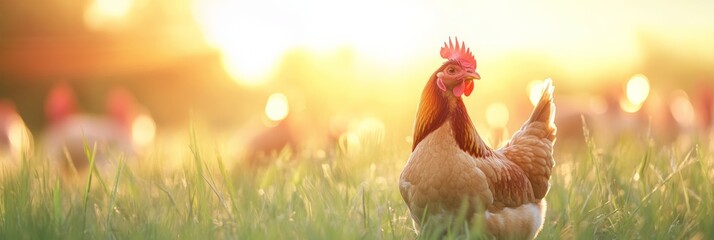Poster - Chicken stands gracefully in a sunlit field, surrounded by vibrant grass and a warm sunrise glow. The serene morning setting highlights the peacefulness of nature