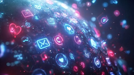 Poster - rotating planet earth glows with vibrant social media icons, symbolizing the vast power of global co